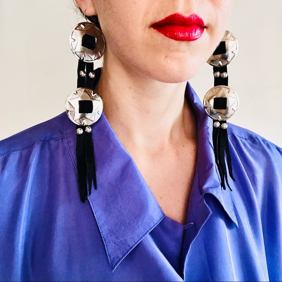 Handcrafted Black Large Genuine Leather Western Fringe Silver Concho Earrings - Picture 4 of 8